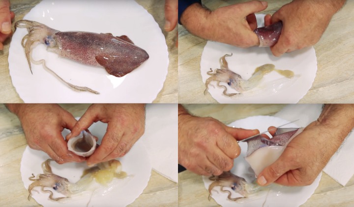 Как чистить кальмары замороженные от пленки быстро видео